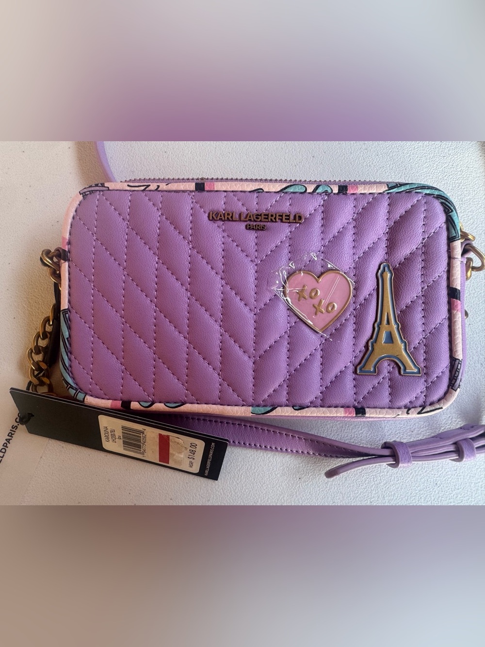 Karl Lagerfeld Purple Quilted Wristlet with Heart Pin